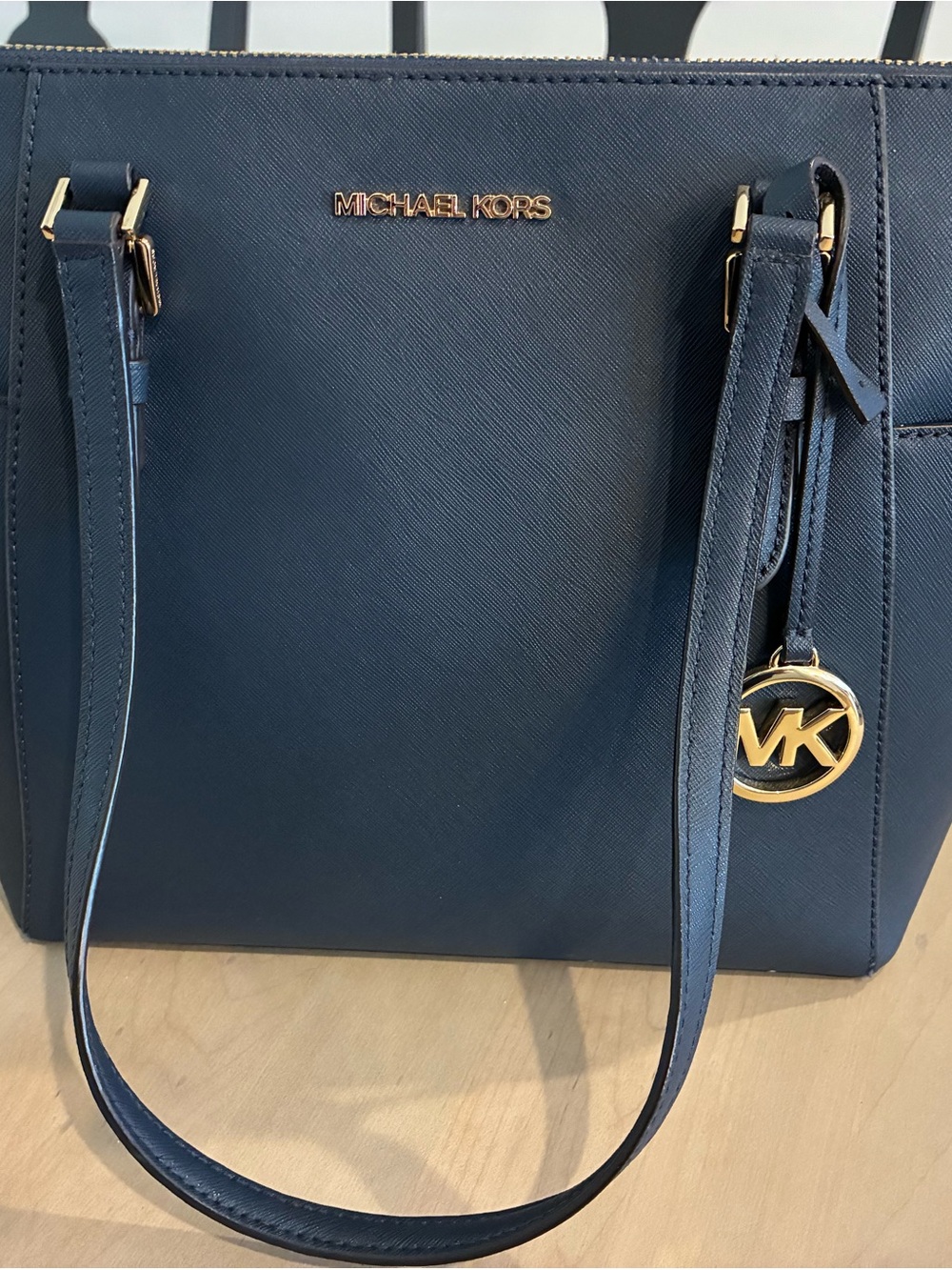 Michael Kors Navy Saffiano Tote with Gold MK Charm